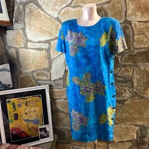 Maggy London Blue and Green Floral Silk Dress